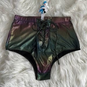 Iheartraves Women’s Festival shorts lace up metallic oil slick EDM Size Medium